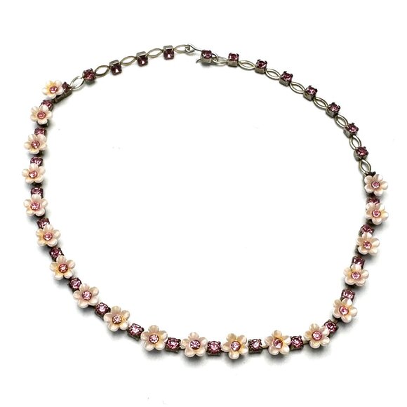 Vintage 1950s Pink Thermoset Flower and Rose Rhinestone Choker — 15 1/2" — EUC - Picture 3 of 7